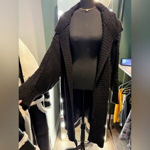 Black Cardigan Coat Chunky Long Cable Ribbed Duster